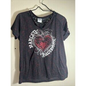 Harley Davidson Shirt Womens Large Black Heart Graphic Lace Back Goth Y2K Biker